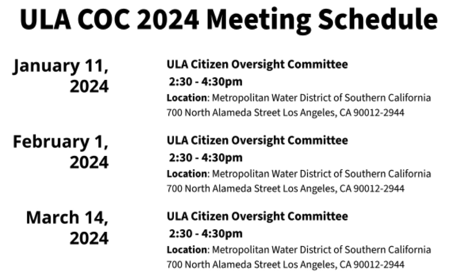 Proposed 2024 Meeting Schedule for ULA COC Meeting